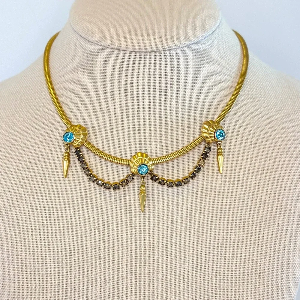 Vintage Gold‎ Filled Blue Rhinestone Festoon Snake Chain Spike Necklace 15